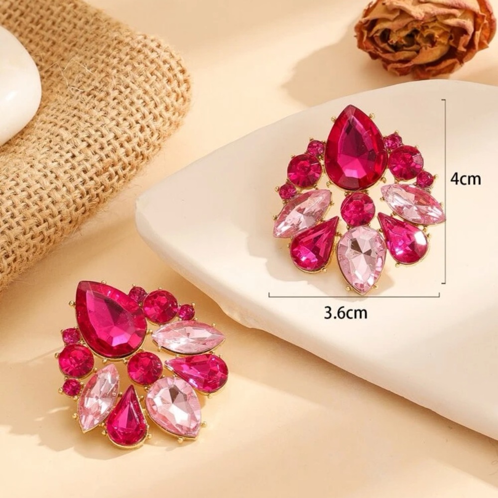 Pink Crystal Cluster Earrings Gold Tone Teardrop Statement - Picture 4 of 13